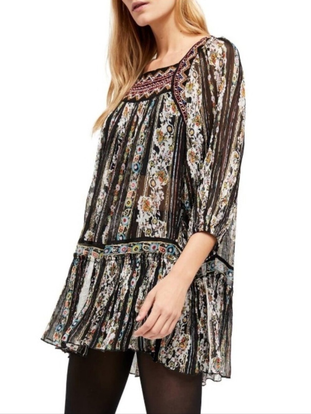 Free People Dance Magic Semi-Sheer Long Sleeve Boho Tunic Dress/ Large